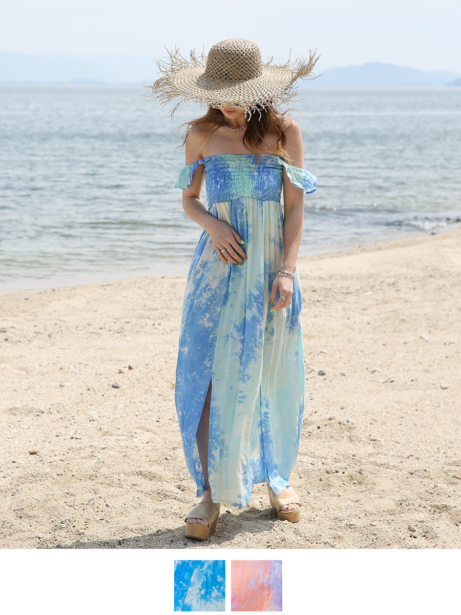 off the shoulder tie dye dress LAUT BLUE Off-the-Shoulder Tie-Dye Maxi chic vibe Size:Custom Order (US$468.80) BRAND: VINEYARD VINES Fashion Gold Sequin Short