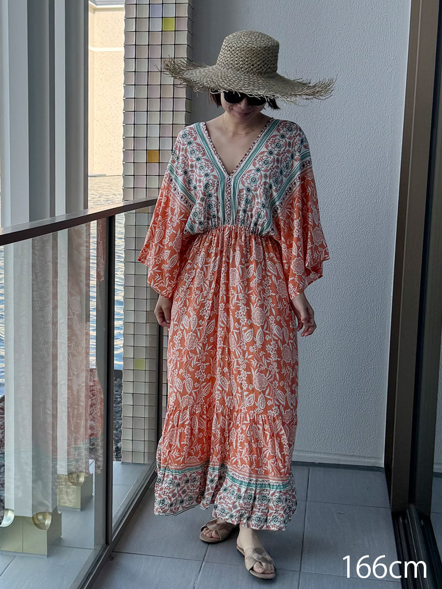 romy by the sea(ルーミーバイザシー)大人花柄オレンジマキシワンピース