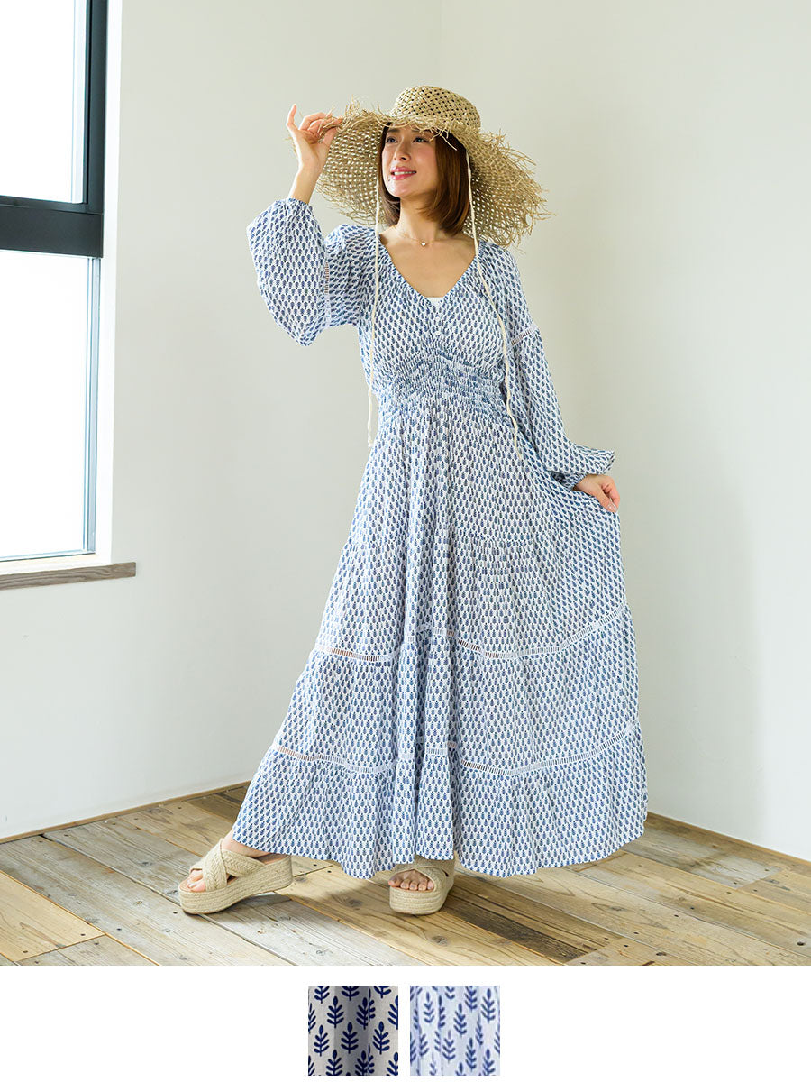 LAUT BLUE(ラウトブルー)リトルリーフ柄ティアード長袖マキシワンピース