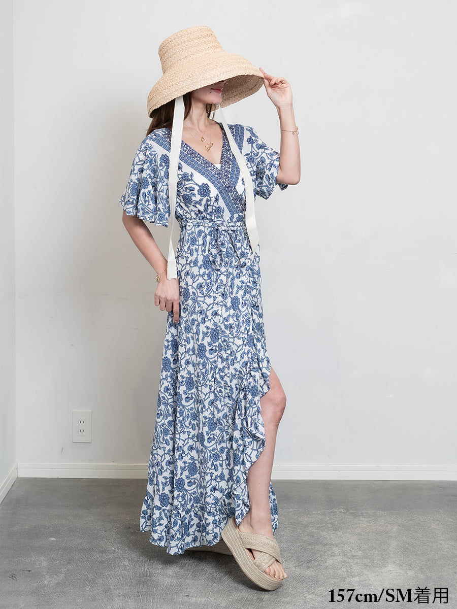 LAUT BLUE(ラウトブルー)花柄カシュクールラップマキシワンピース/ブルー