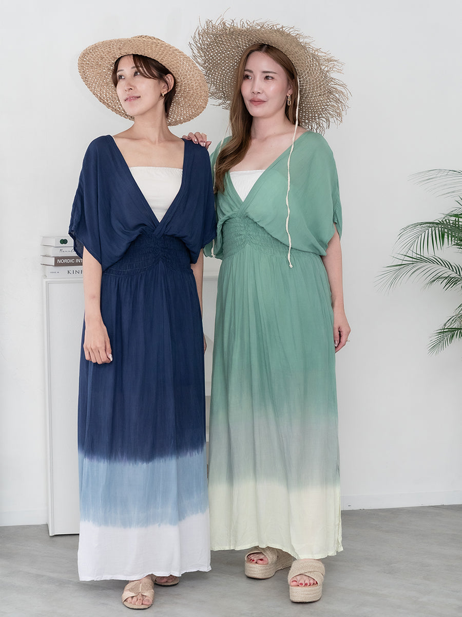 水彩ウォーターカラー　ふんわりワンピース　blue 　*　ハンドメイド　03 水彩フラワープリントワンピース