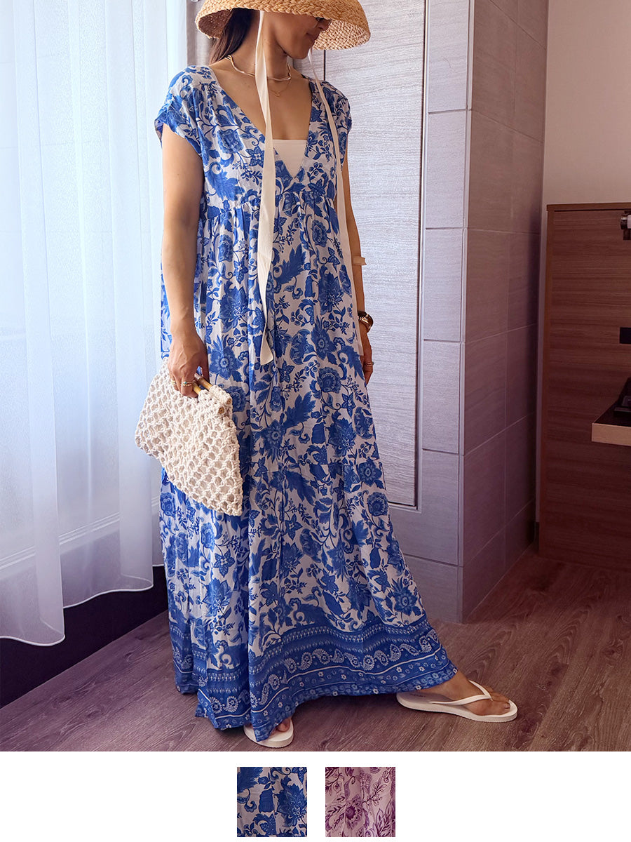 LAUT BLUE(ラウトブルー)花柄フレンチスリーブティアードワンピース