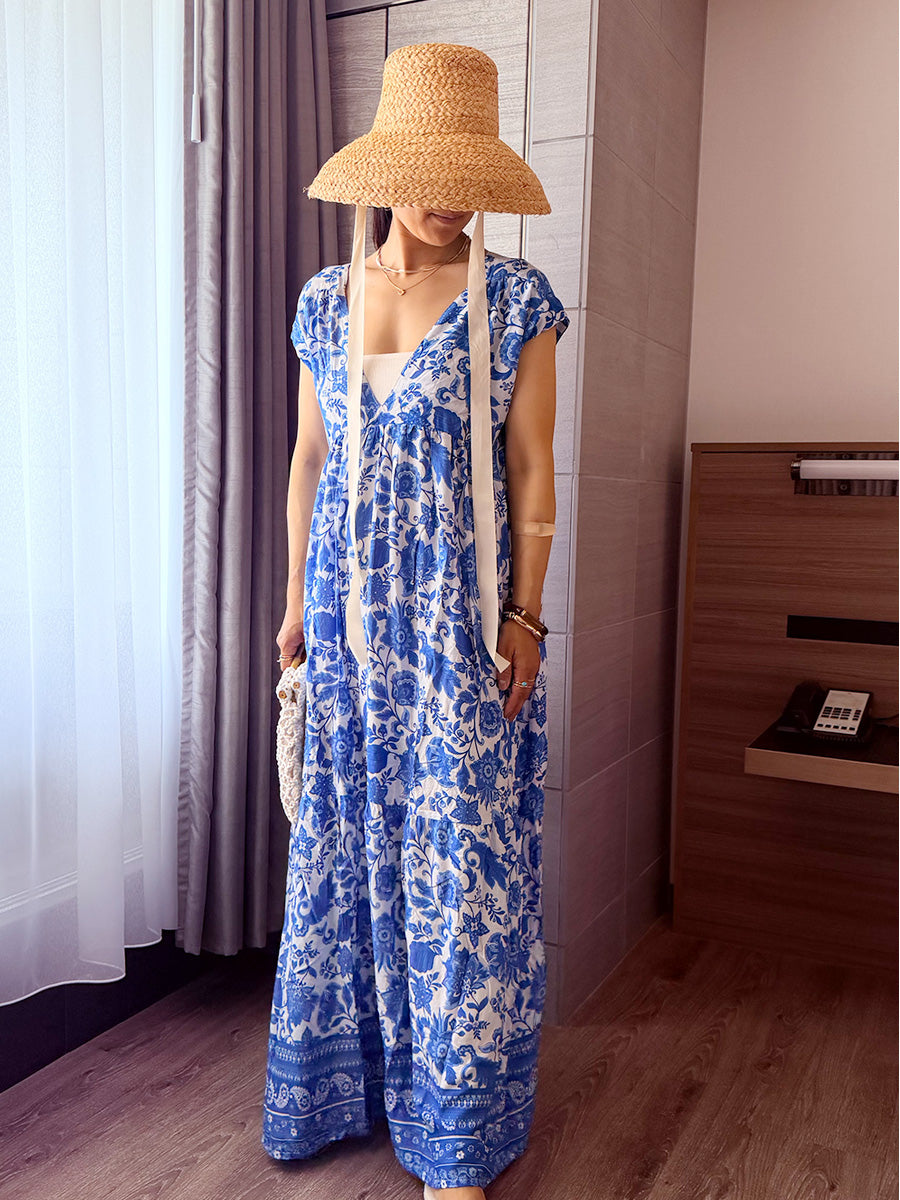 LAUT BLUE(ラウトブルー)花柄フレンチスリーブティアードワンピース