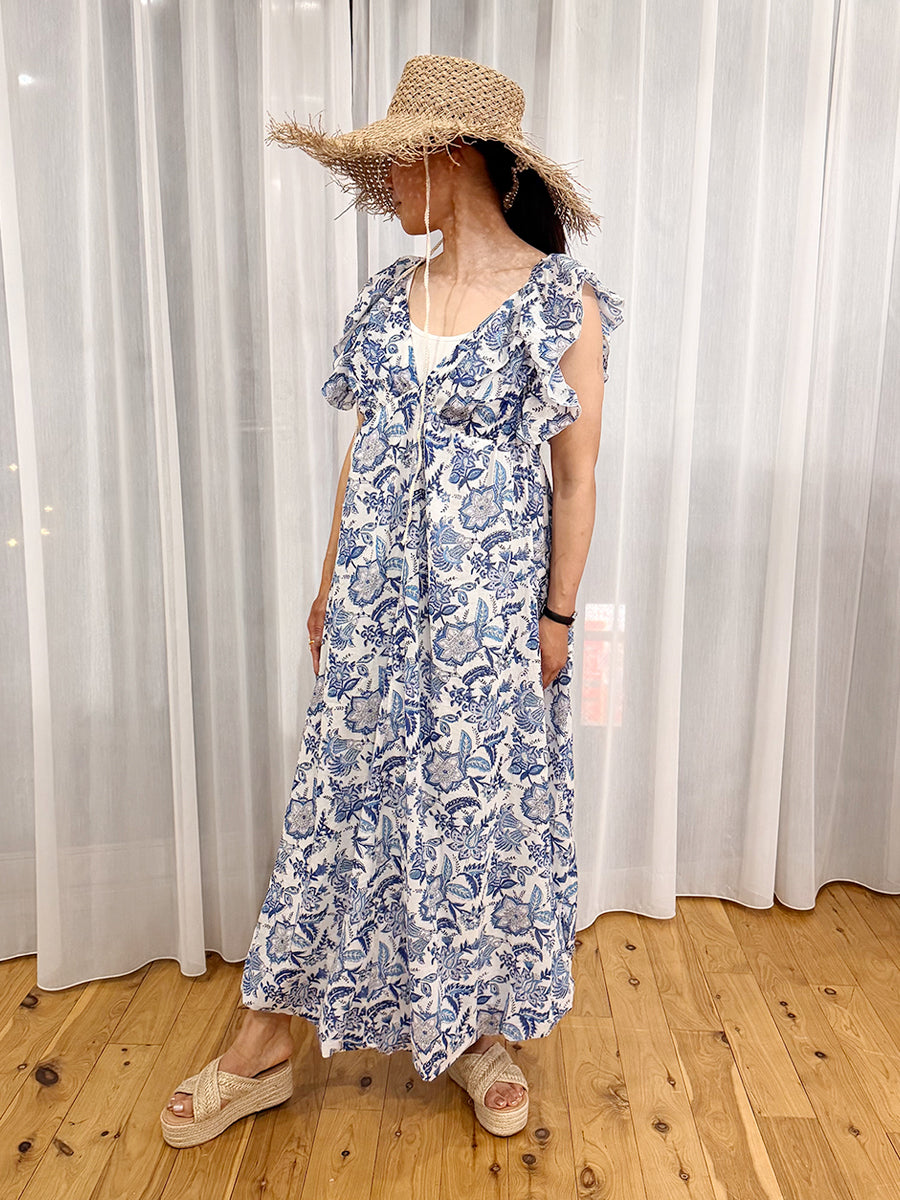 Eighty Seven(エイティセブン)インド綿爽やかな花柄フリル肩のバルーンワンピース