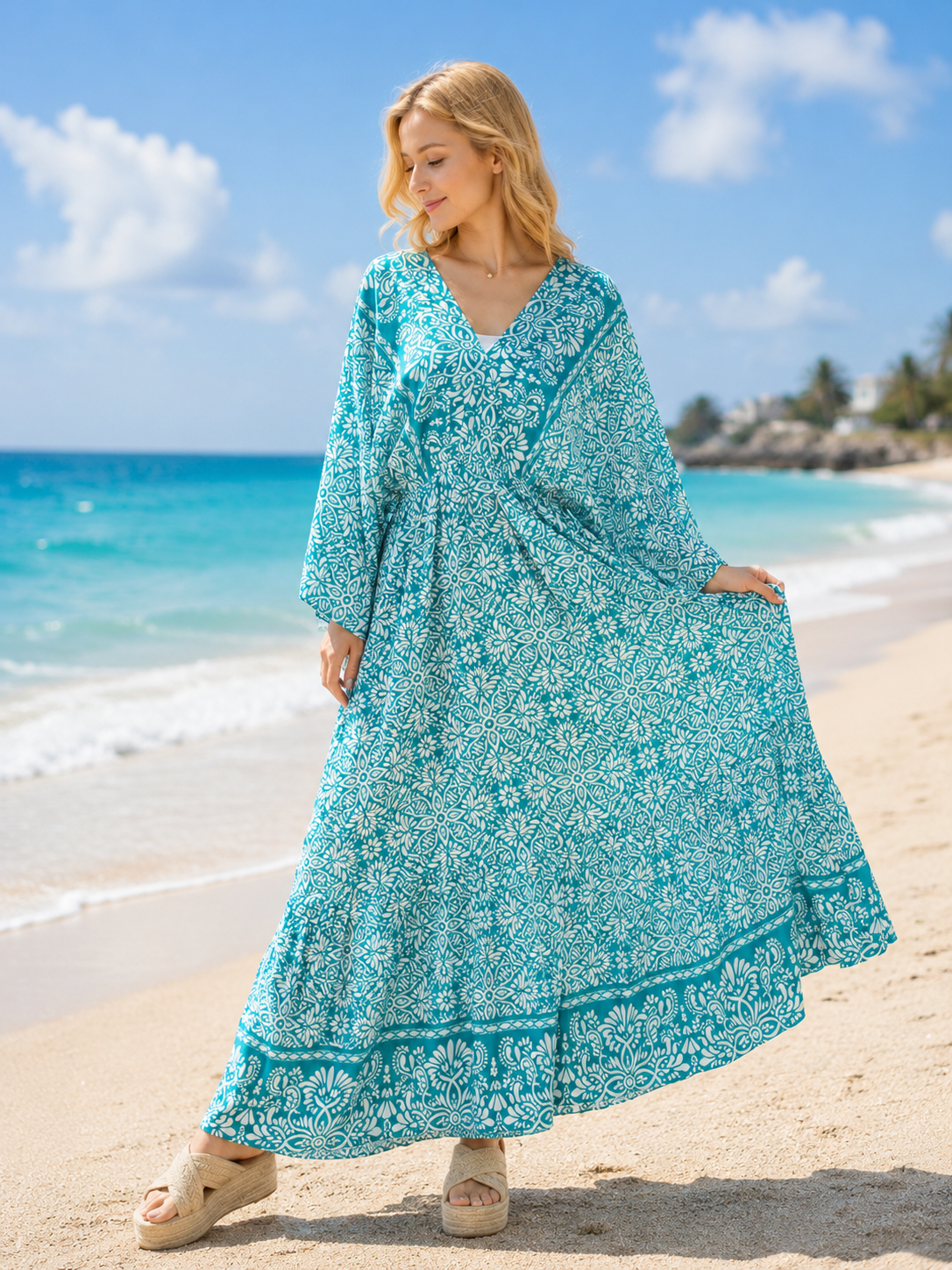 romy by the sea(ルーミーバイザシー)オリエンタル柄ドルマンティアードワンピース