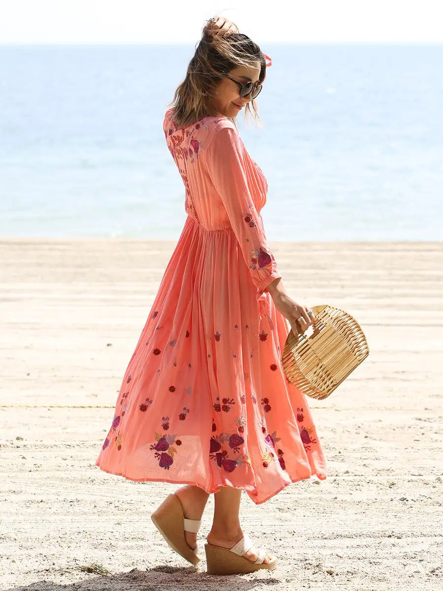 roomy by the sea(ルーミーバイザシー)ボホ刺繍コーラル長袖 roomy by the sea(ルーミーバイザシー)ボホ刺繍コーラル長袖